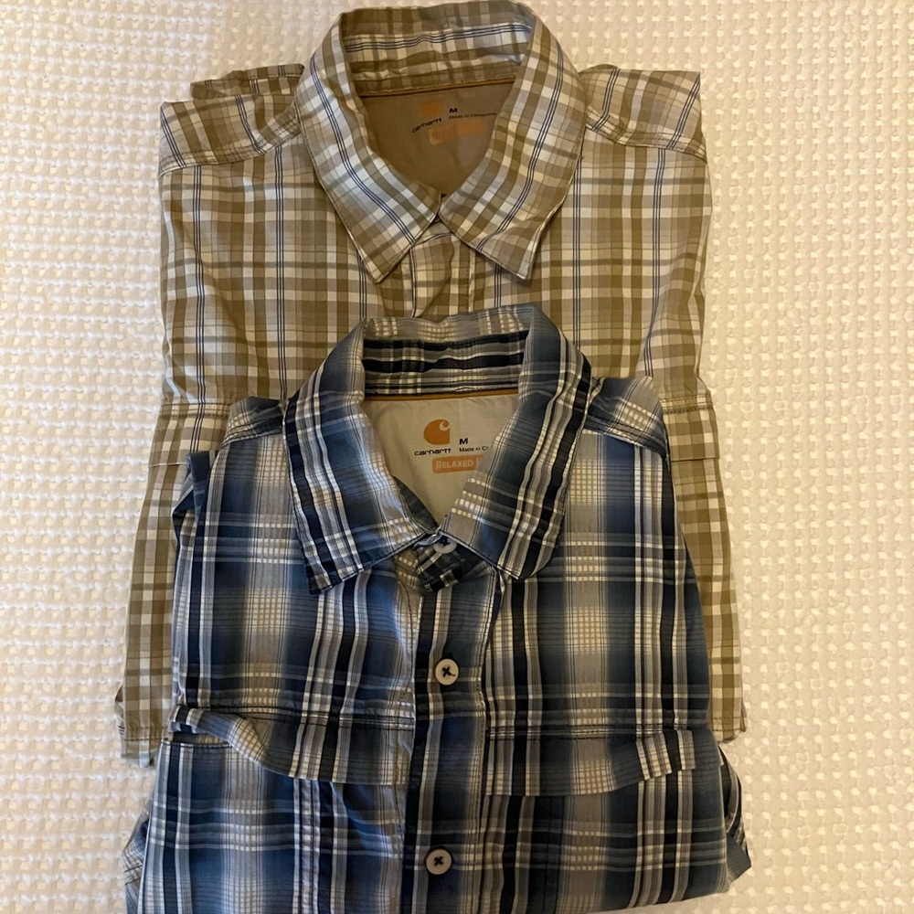 Carhartt 2 Men's Medium Relaxed-fit Casual Plaid Shirts - Tan and Blue like new